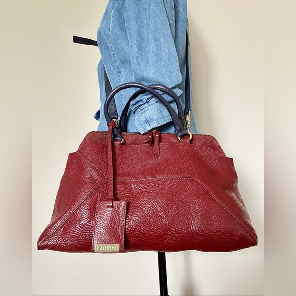 Iacucci Italian Pebbled Leather Suede Satchel Handbag Red Oxblood Blue Handles - Picture 10 of 14